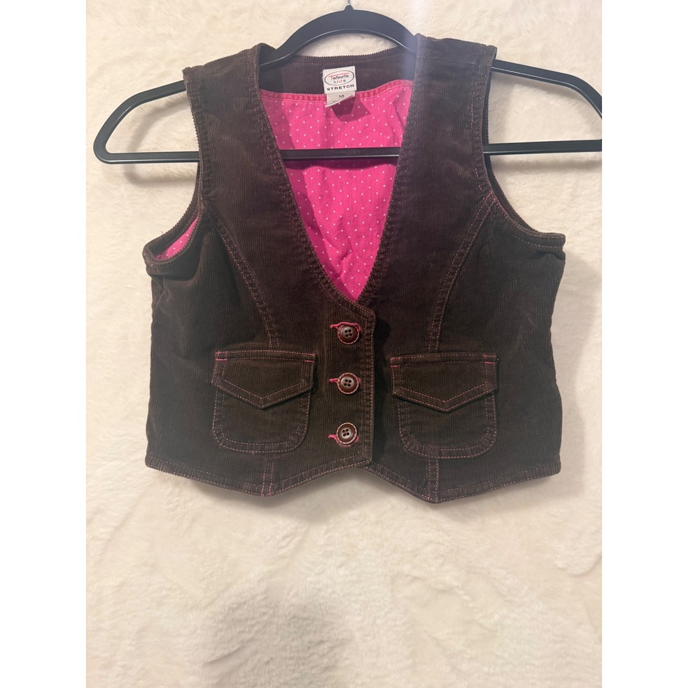 Vintage‎ Talbots Kids Brown Corduroy Vest Pink Polka Dot Lining Stretch Size 10